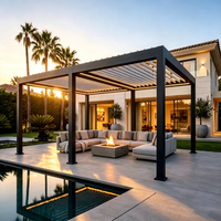 Pergola bioclimatique autoportante en aluminium avec toit à lames motorisées et éclairage LED intégré pour villa de luxe, terrasse au bord de la piscine, patio