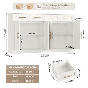 Buffet de 60 pouces avec rangement, armoire de cuisine de 36 pouces de hauteur avec 4 tiroirs, meuble bar à café avec poignées dorées, blanc - Product Image 3