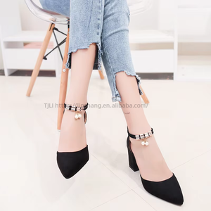 New Designer V Women Pointy Chunky <b>Heels</b> Pumps Black Ankle Strap <b>Heels</b> for Women - Product Image 2