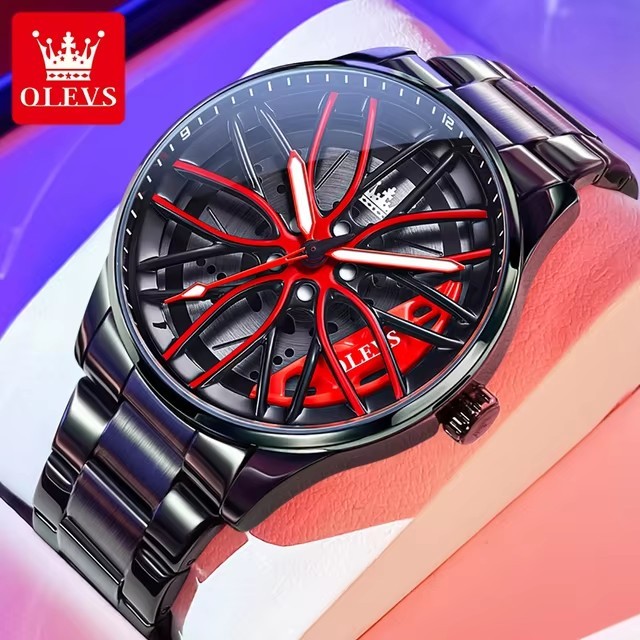 Olevs 9937 Top Band Unique Creative Design Quartz Men Watch Waterproof Reloj Car Wheel Spin Rotate 3d Hollow Steel Quartz Watch