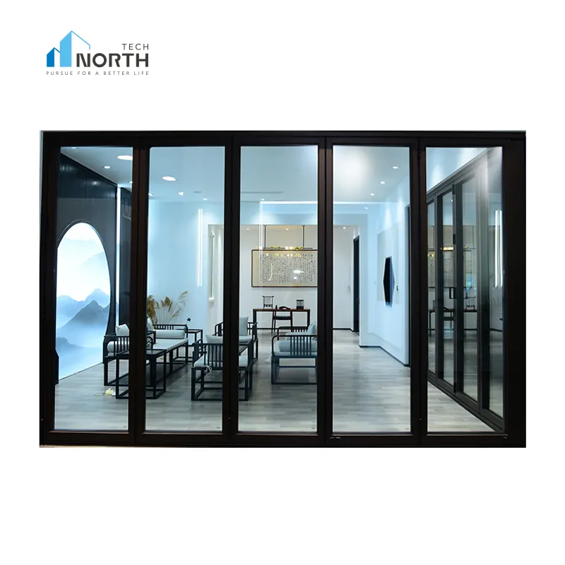 Новый дизайн, Противоударная алюминиевая раздвижная дверь двойного сложения, раздвижная коричневая стеклянная дверь