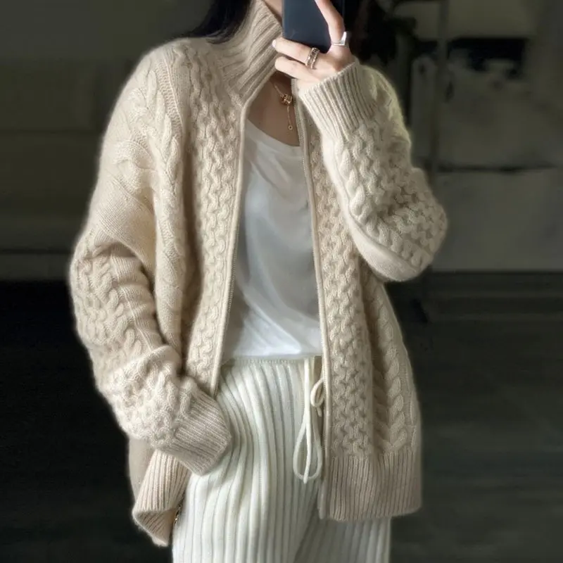 3 Stranewthick Cashmere Sweater Women's Turtleneck Zipper Sweater Cardigan Top Thick Coat Lazy Loose Cropped 100 Wool Winter