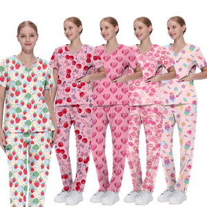 Poliéster Rayón Spandex Stretch V-cuello Masculino y femenino Impreso Scrub Sets Medical Children's Hospital Dental Beauty Salon Top - Product Image 2