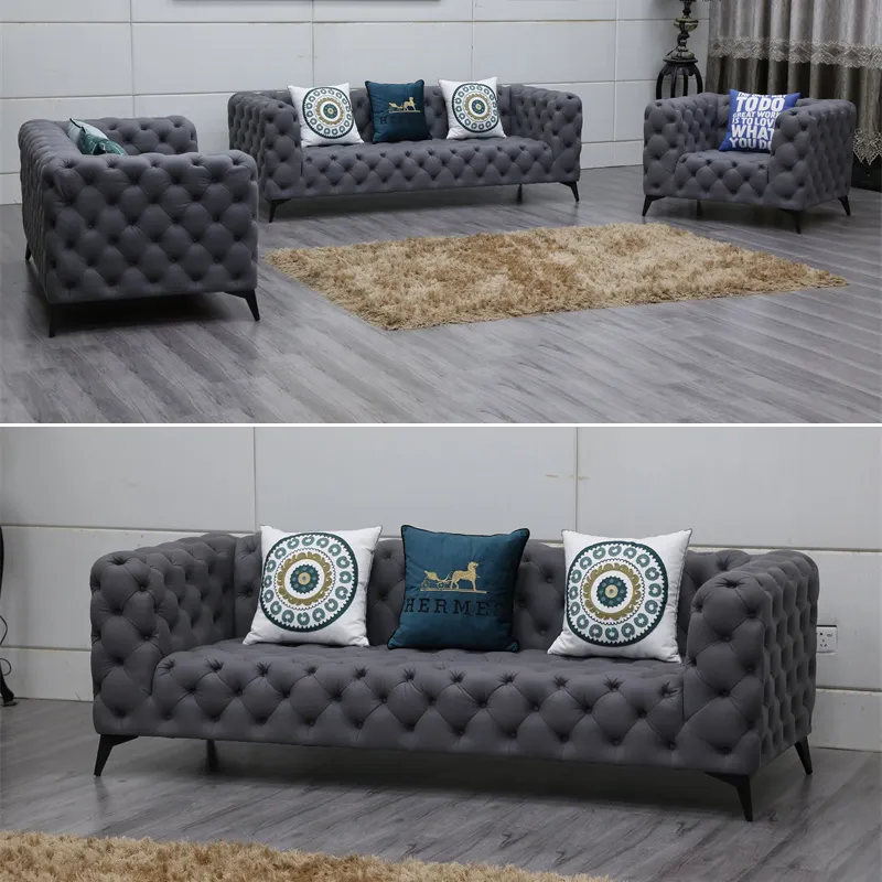 Chesterfield Set Sofa Beludru Kain, Sofa Kulit untuk Furnitur Ruang Tamu Furnitur Ruang Tamu Dapat Dilipat Modern Warna Abu-abu