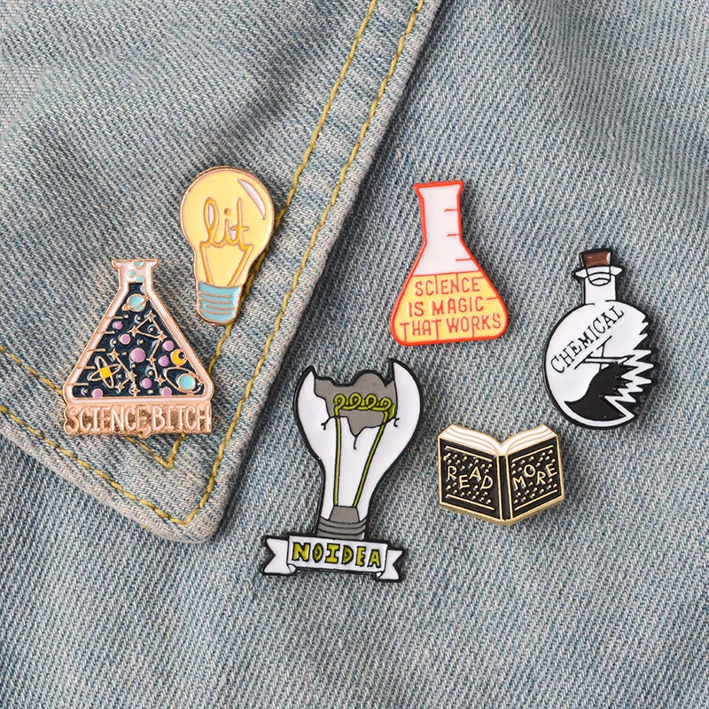 Magic Science enamel pin Light bulb No Idea Chemical Beaker badge brooch Lapel pin Denim Jeans shirt bag Cartoon Jewelry Gift