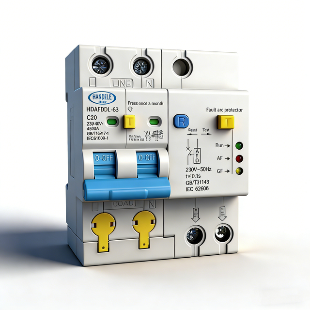 HANDELE HDAFDD-63 AFCI AFDD C20 4500A 63A 230/400VAC Arc Fault Circuit Interrupter & Detection Device 4.5kA Breaking Capacity