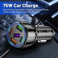 Pengisi Daya Mobil Listrik 5 in 1 75W QC3.0 USB Type-C PD Pengisian Cepat Perlindungan OTP/OVP Tahan Api Logo Kustom Laptop Ponsel Kamera