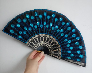New European Gypsy Style Folding Fan Eco-Friendly Bamboo Multicolor <b>Sequin</b> Painted Plastic Lining Peacock Design All Festivals - Product Image 5
