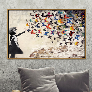 Girl with Butterflies Graffiti Art Print: Vibrant Urban Canvas Artwork,GOLD <b>FRAMED</b> CANVAS - Product Image 3