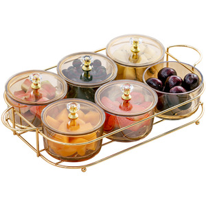 Plato de fruta de vidrio de lujo, redondo, creativo, con cubierta, rejillas divididas, tazón de almacenamiento con soporte de Metal - Product Image 1