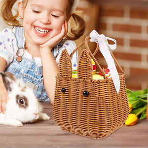 Keranjang penyimpanan berbentuk kelinci, wadah pembawa hadiah bunga buah plastik gagang bergerak panjang bahan rotan - Product Image 3