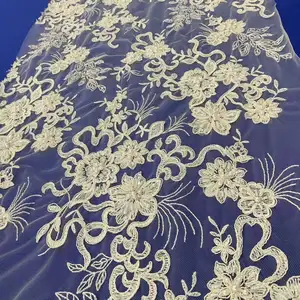 2023 new design factory price embroidery lace with beads by handmade material for dressmaking by wedding dress