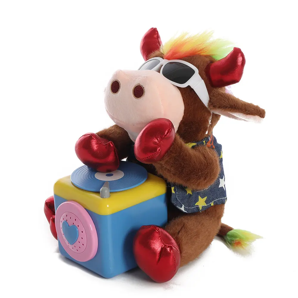 Plush DJ Brown Cow Stuffed Animal Plush Musical Cow Toy Dancing and music toy