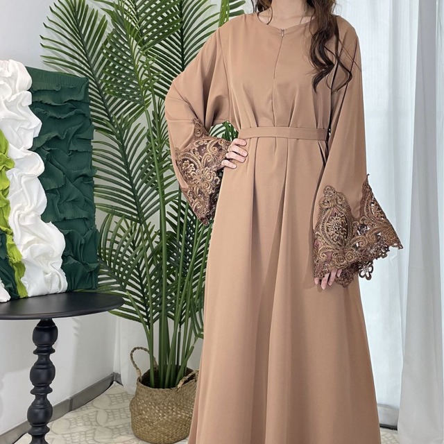 European American Women's Abaya Dress Exclusive Cross-Border Fashion Floral Lace Sleeves Zipper Closure Solid Color Plus Summer