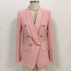 高品质长袖双扣夹克女式粉红色夹克