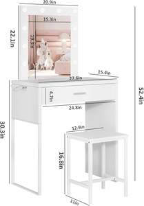 Pequeño <span class=keywords><strong>Tocador</strong></span> de Maquillaje con Espejo y Luces, Escritorio de Maquillaje Blanco con Silla, Juego de Mesa de Maquillaje para Dormitorio de <span class=keywords><strong>Niñas</strong></span> - Product Image 6
