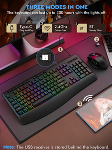 Tri-mode RGB <strong>Gaming</strong> <strong>Keyboard</strong> Backlit <strong>Keys</strong> Rechargeable Ergonomic Silent Computer <strong>Keyboard</strong> with Wrist Rest <strong>Gaming</strong> <strong>Keyboard</strong> - Product Image 3