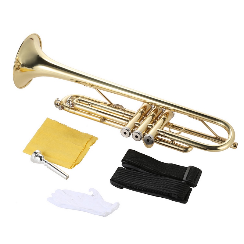 Trumpet Bb Flat Brass Gold-painted Exquisite Durable Musical Instrument with Mouthpiece Gloves Strap Case