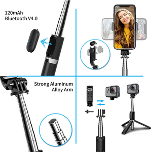 Perche à <span class=keywords><strong>Selfie</strong></span> <span class=keywords><strong>Q02</strong></span> 4 en 1, trépied rétractable, 103cm, avec télécommande sans fil BT, Rotation de 360 degrés, support de téléphone, extensible - Product Image 3