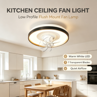 Ventilateur de plafond rond moderne avec éclairage intégré, télécommande, moteur DC, commande par application, finition noir et or, LED silencieuse, pour usage domestique intérieur