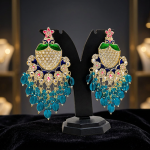 Indian Traditional Meenakari Peacock <b>Earrings</b> Gold Plated Kundan Statement Chandelier Dangle <b>Earrings</b> with <b>Blue</b> Crystal Beads - Product Image 3