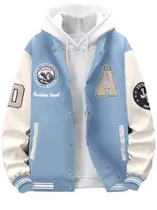 Chaqueta Varsity de Invierno para Hombre, con Letras Estampadas en Relieve, Diseño Color Block, Estilo Urbano, Uniforme de Béisbol, Transpirable, Anti-UV, Poliéster/Algodón - Product Image 2