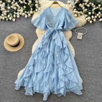 Robe longue élégante pour femme, col en V, manches courtes à volants, ceinturée, broderie feuille de sequins, fluide, pour soirée, avec short intégré