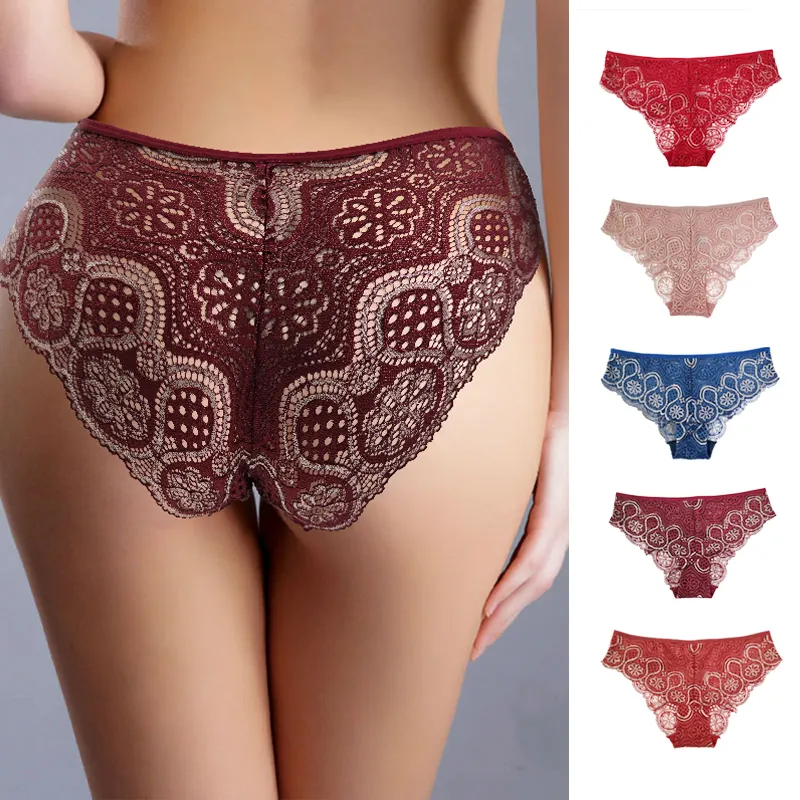 Wholesale Fat Women'S Plus Big Size Sexy Lace Underwears Ladies Black Red Floral Transparent See-Though Lace Panty