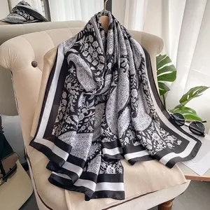 Wholesale 2023 Latest Ladies Long Imitated Silk Scarves Fashion Women Designer Satin Silk Shawls Stoles Printed Silk Scarf Hijab