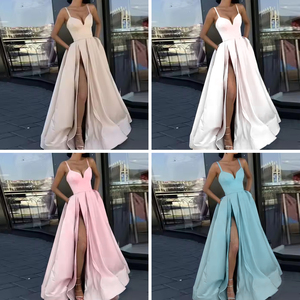 Vestido de Fiesta para Mujer, Diseño Personalizado OEM/ODM, Logotipo Personalizado, Cintura Natural, Cuello en V, Casual, Largo hasta el Suelo, Delgado, Color Sólido, Tejido Satinado, con Abertura - Product Image 3