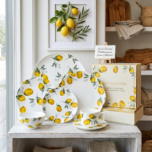 Service de table en céramique personnalisé motif citron, formes variées, assiettes en porcelaine fine, tasses à thé et café avec soucoupes, ensemble de <span class=keywords><strong>vaisselle</strong></span> - Product Image 2