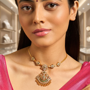 Vintage Silver Women's Short Temple <b>Necklace</b> 173361 Beaded Alloy Brass Floral Number Pattern Claw Setting Cubic Zirconia Pearl - Product Image 3