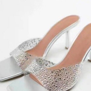 Black Large Size Rhinestone Mule <strong>Heels</strong>: Square Toe, Stiletto <strong>Heel</strong> <strong>Sparkly</strong> &amp; Elegant for Evening Occasions - Product Image 2