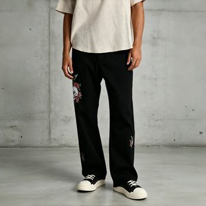 Pantalones Vaqueros Anchos de Pierna Ancha con Bordado Floral de Calavera en Negro Sólido, Cintura con Botones, Estilo Gótico, Punk Urbano, para Uso Diario - Product Image 1