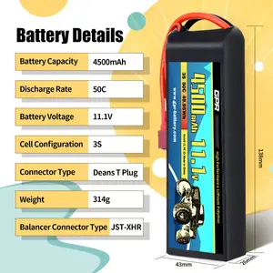 Groothandel Oplaadbare Batterijen 4500Mah 50c 11.1V 3S Tplug JST-XHR Voor Rc Racen Hoge Snelheid Auto Voor Kinderen