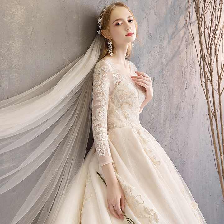 Ready to Ship Weeding Gown Women Lace Champagne Three Quarter Sleeves Beads  Backless Wedding Dress