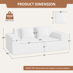 Sofá Cama Cuadrado Moderno de Chenilla, 2-3 Plazas, Sin Ensamblaje, Almohadas Extraíbles, Esponja de Alta Capacidad, Muebles para Sala de Estar - Product Image 2