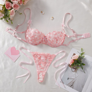 Floral Embroidery Womens Intimates Lingerie <b>Set</b> <b>Sexy</b> Sheer Mesh Underwire <b>Bra</b> and Tie Side Thong <b>Set</b> Bow Lace Underwear <b>Set</b> - Product Image 1