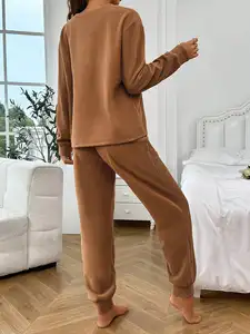 Grosir pakaian wanita Loungewear kru leher kutub bulu piyama Set musim dingin hangat