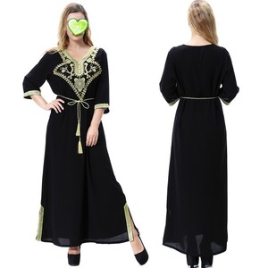 Robe d'été pour femmes, col en V, manches courtes, grande taille, broderie, kaftan musulman, robes maxi, abaya turque, vêtements ethniques - Product Image 4