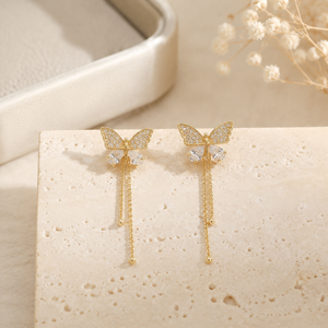 Orecchini a perno con catena a farfalla e nappine per donna, eleganti, dolci, delicati, gioielli alla moda - Product Image 6