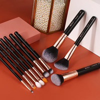 Meilleure vente, lot de 10 pinceaux de maquillage de luxe en or rose, poils synthétiques de chèvre, nouveau manche en bois noir, pinceaux de maquillage uniques pour les yeux et le visage