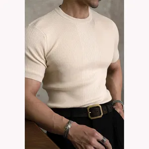 헤비웨이트 300g 슬림핏 근육 피트니스 세트 남자의 반팔 티셔츠 레트로 아메리칸 카키 솔리드 패턴 빈 디자인