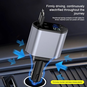 Chargeur de voiture rétractable PD QC3.0 120W 4-en-1 avec câble USB C à charge rapide et adaptateur allume-cigare pour tous les téléphones de toutes marques - Product Image 2
