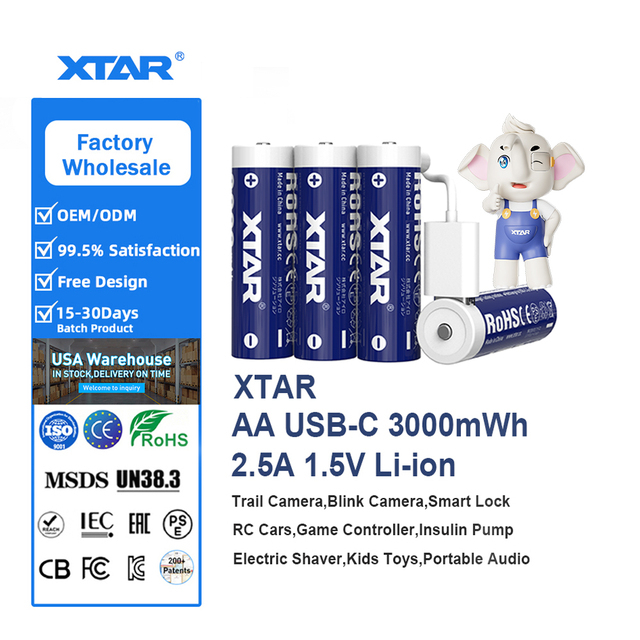 XTAR AA LR 3000mAh USB-C AA Size 1.5V Li-ion Lithium Rechargeable Battery With Variable Output Power Long-lasting Performance