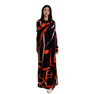 OEM/Satin Fabrics New Abaya Digital Printing Long Sleeve Maxi Kaftan Dubai Women's Medium Wholesale Dress