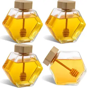 나무 국자와 코르크 뚜껑이있는 꿀 냄비 항아리 유리 꿀 냄비 육각 모양 꿀 용기 디스펜서 저장
