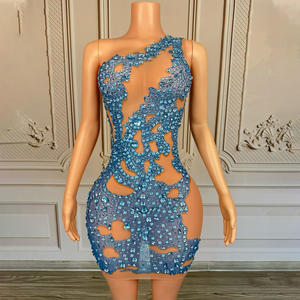 Novance Y5196 Toptan Ürünler Tek Omuzlu Lüks Kokteyl Parti Elbiseleri Kadınlar İçin Parlak Mavi Taşlı Kısa Elbise - Product Image 4