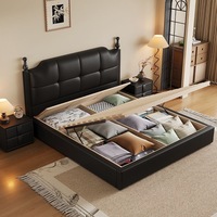 Modernes Vintage Öko-Freundliches Gepolstertes Plattformbett mit Stauraum, Hohen Pfosten, Gestepptem PU-Leder-Kopfteil, Kiefernholz, Queen-Size Softbett