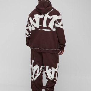 Men's Brown Oversized Hooded Sweatshirt Set With White Letter Print Pocket Fleece Tracksuit Autumn Wear - Product Image 3